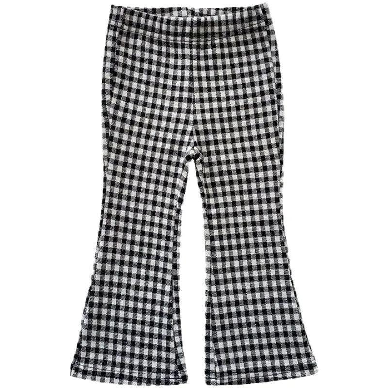 Girls fleece-lined bell-bottom pants in plaid pattern, polyester fabric, mid-waist, suitable for 80-150cm height