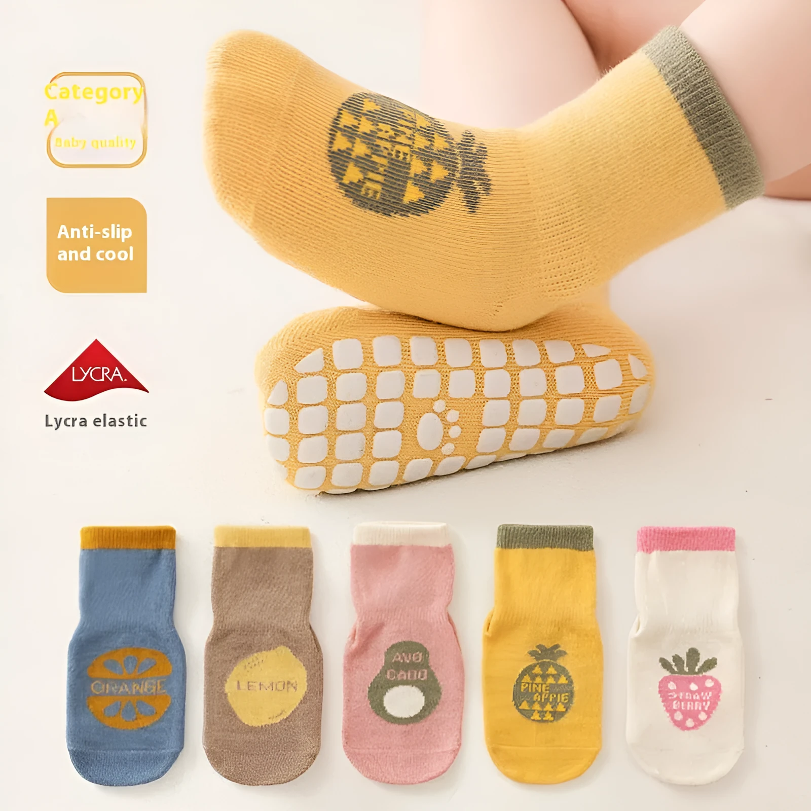 Combed cotton cartoon fruit print mid-calf socks in pink avocado colour on neutral background