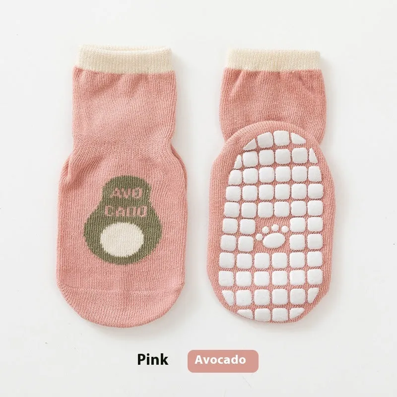 Combed cotton cartoon fruit print mid-calf socks in pink avocado colour on neutral background
