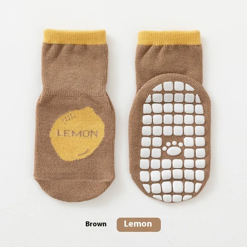 Combed cotton cartoon fruit print mid-calf socks in pink avocado colour on neutral background