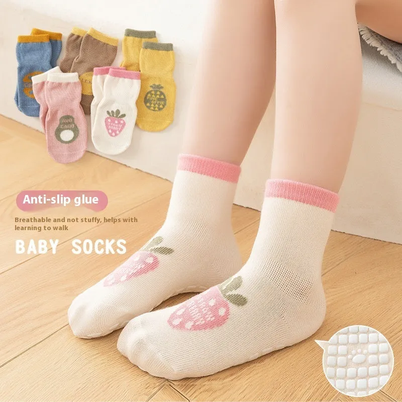 Combed cotton cartoon fruit print mid-calf socks in pink avocado colour on neutral background