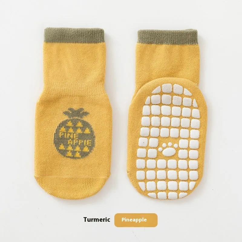 Combed cotton cartoon fruit print mid-calf socks in pink avocado colour on neutral background