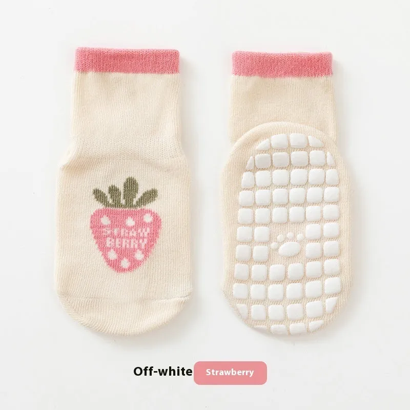 Combed cotton cartoon fruit print mid-calf socks in pink avocado colour on neutral background