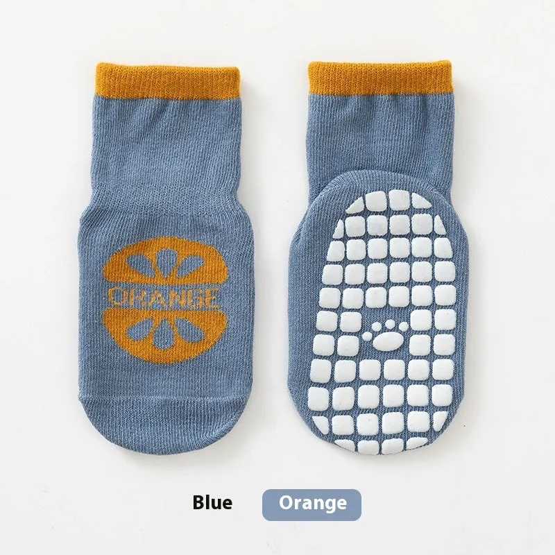 Combed cotton cartoon fruit print mid-calf socks in pink avocado colour on neutral background