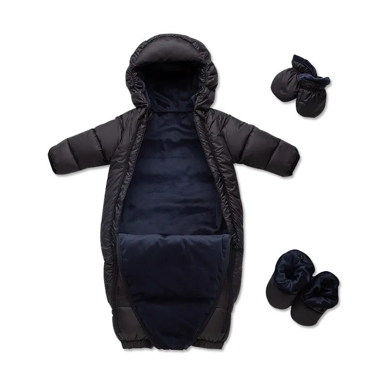 Baby down jacket jumpsuit in bear print with hood, gloves, and shoes for winter