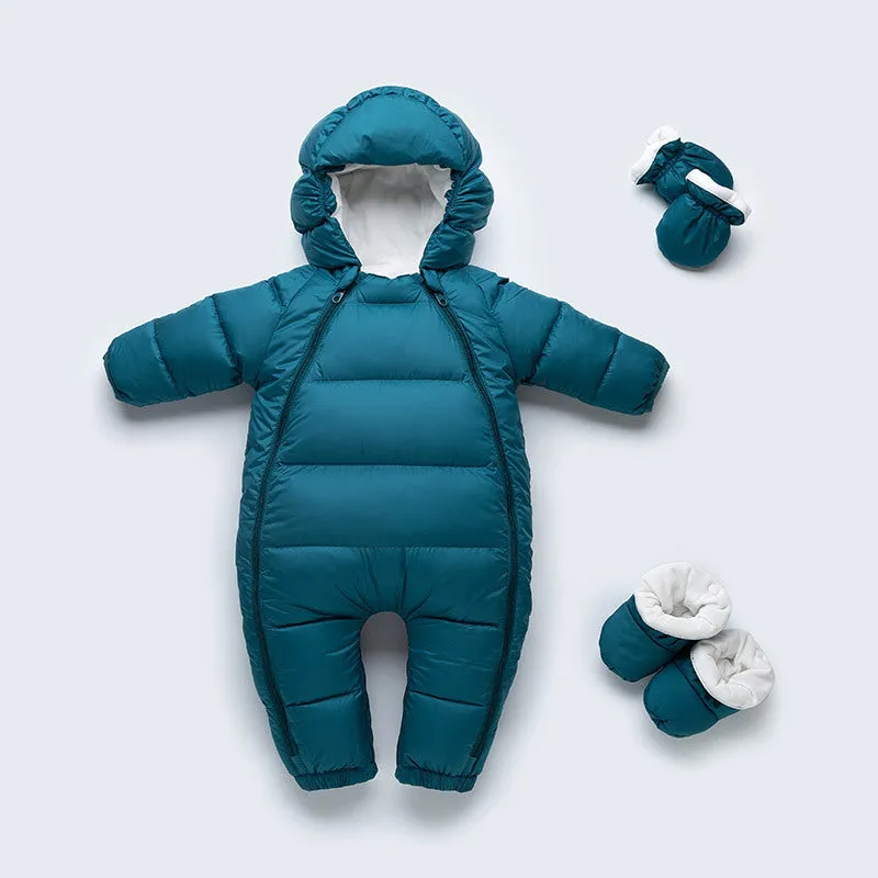 Baby down jacket jumpsuit in bear print with hood, gloves, and shoes for winter