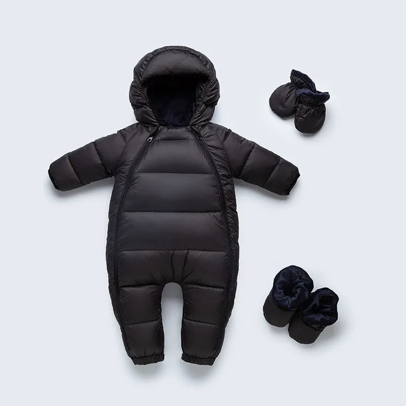 Baby down jacket jumpsuit in bear print with hood, gloves, and shoes for winter