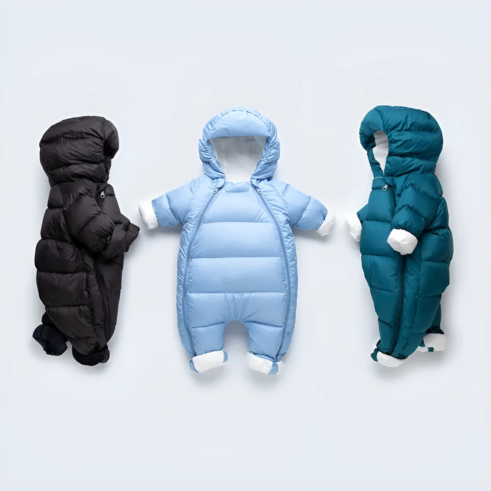 Baby down jacket jumpsuit in bear print with hood, gloves, and shoes for winter