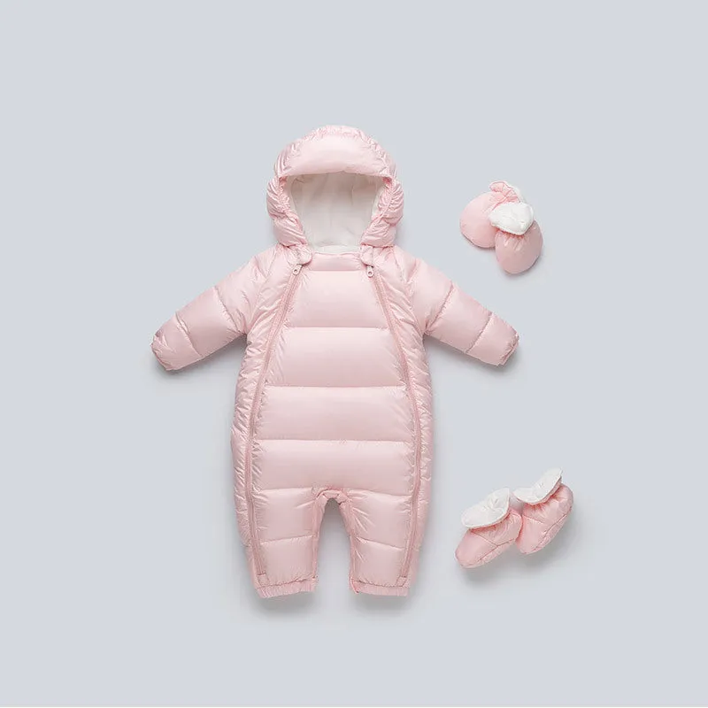 Baby down jacket jumpsuit in bear print with hood, gloves, and shoes for winter