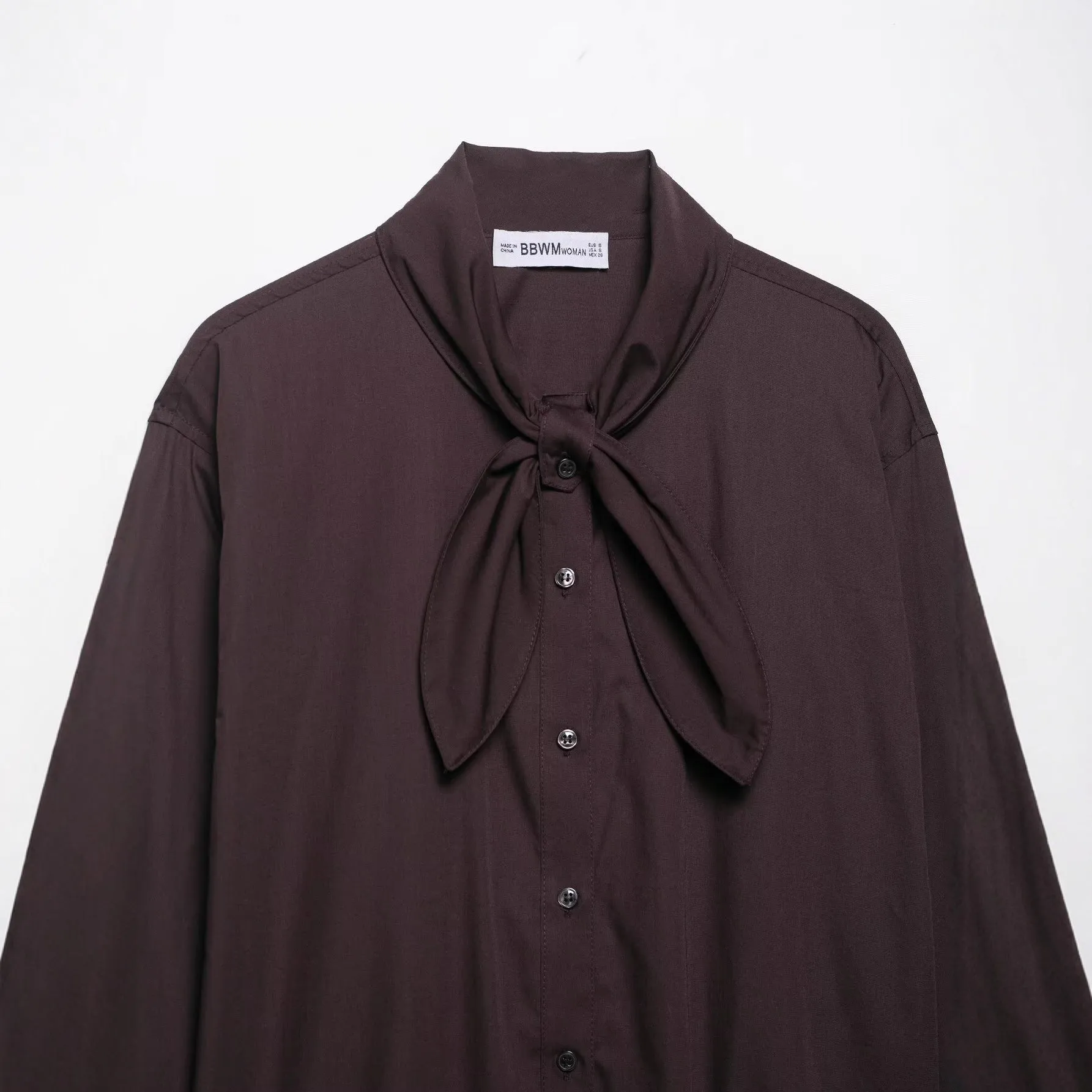 Brown women's poplin shirt with bow tie scarf, long sleeves, loose fit