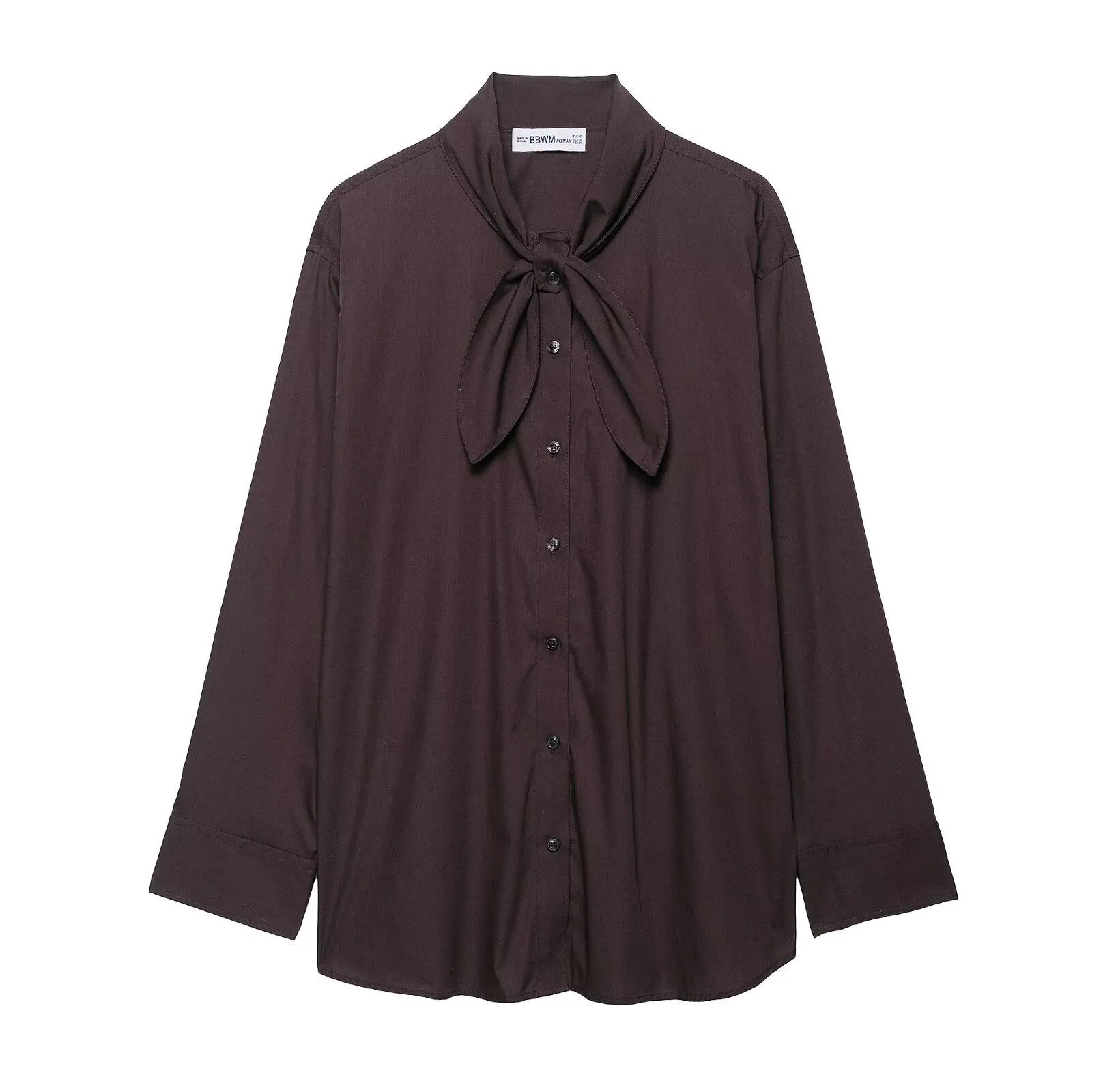 Brown women's poplin shirt with bow tie scarf, long sleeves, loose fit