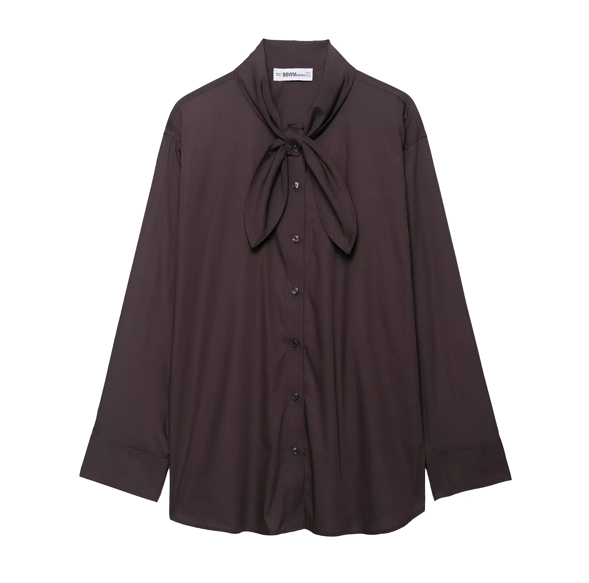 Brown women's poplin shirt with bow tie scarf, long sleeves, loose fit