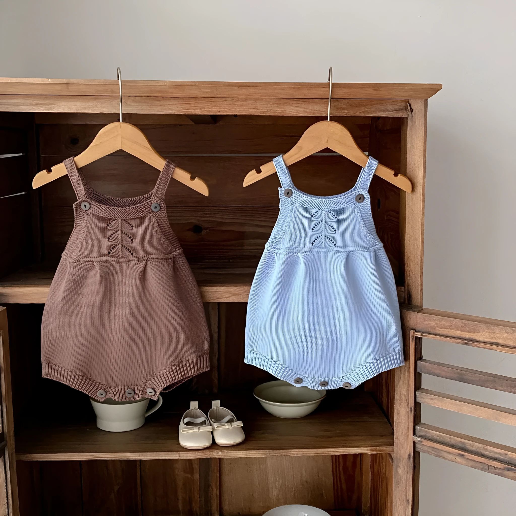 Girls' knitted cotton romper triangle jumpsuit in heather blue for 66-100cm height