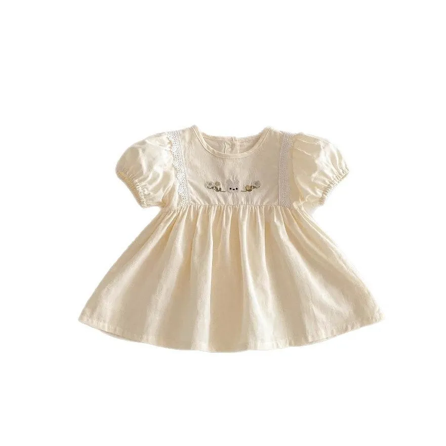 Girls' cotton lace princess summer dress with short sleeves in floral pattern