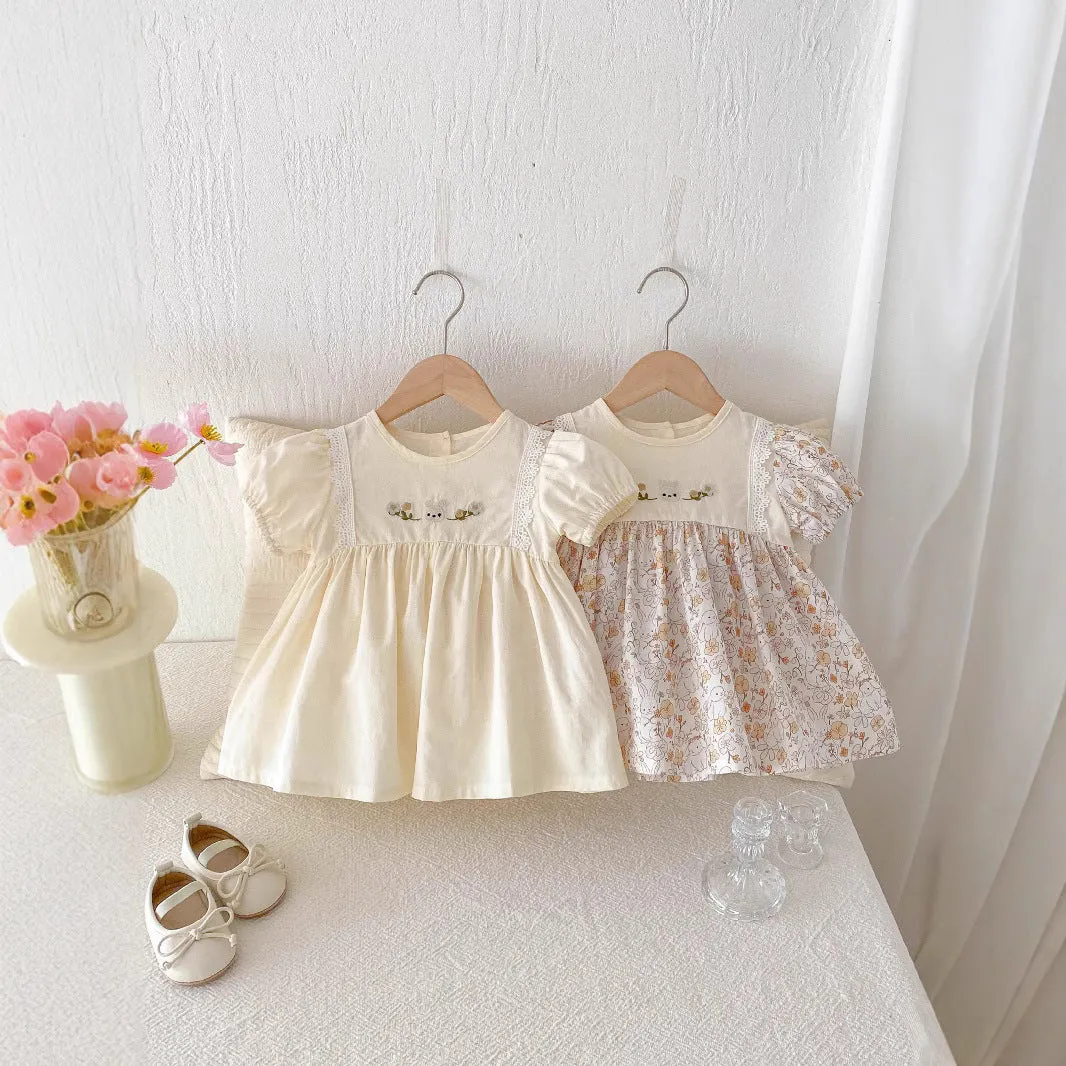 Girls' cotton lace princess summer dress with short sleeves in floral pattern