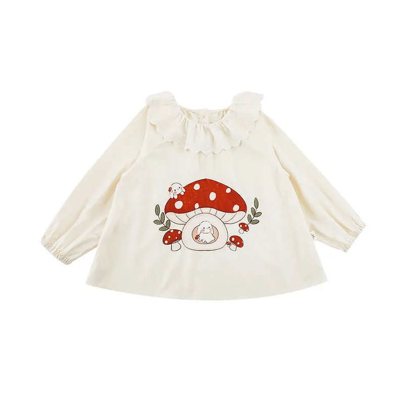 Children's cotton cartoon mushroom suit in beige with long sleeves and trousers for toddlers
