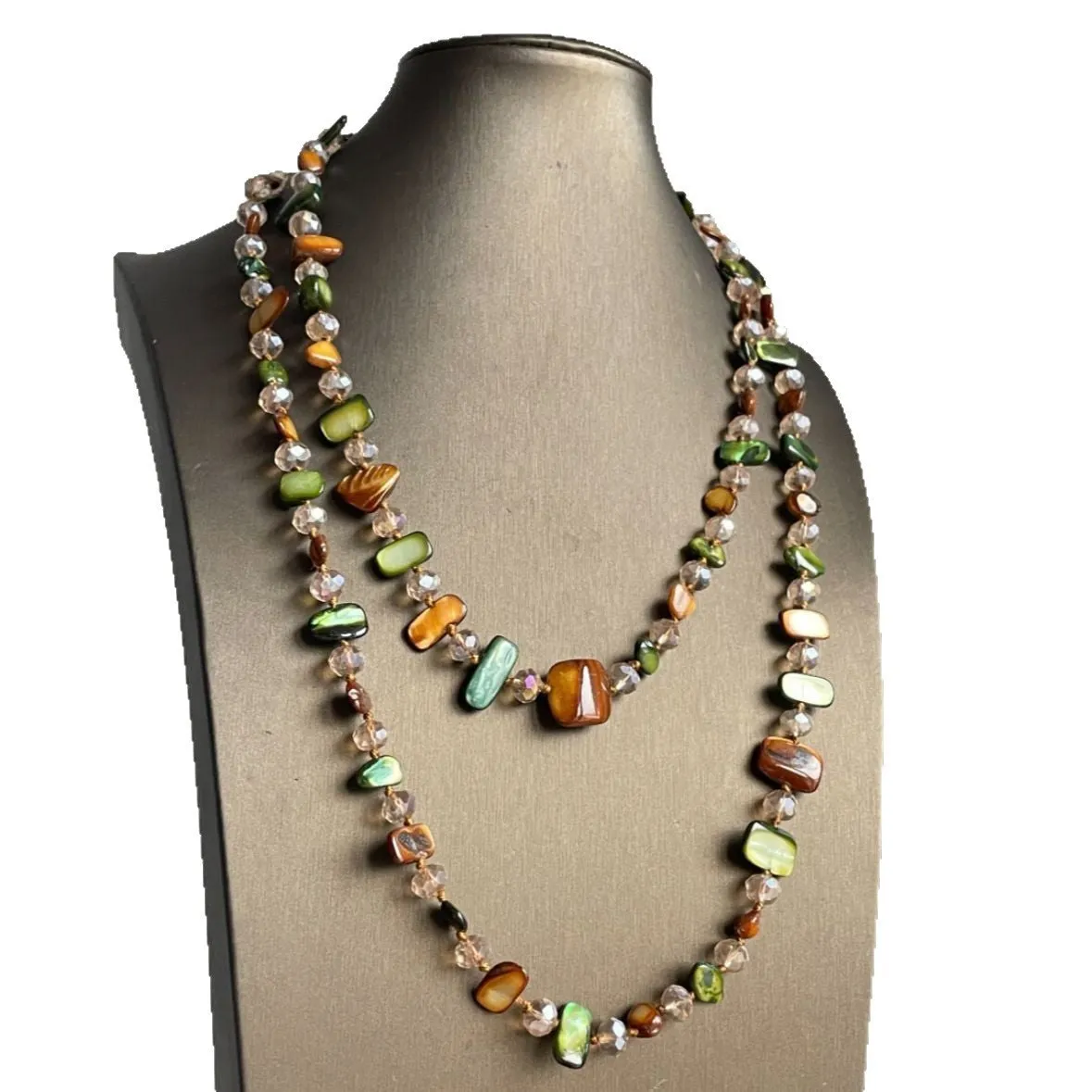 Retro bohemian coffee green double layer shell bead necklace with pearl shell pendant on regular chain