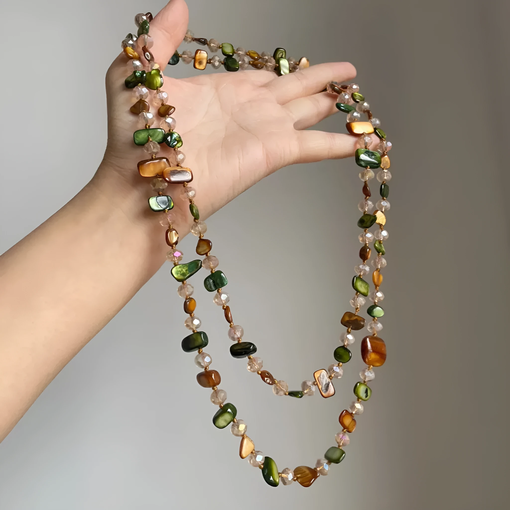 Retro bohemian coffee green double layer shell bead necklace with pearl shell pendant on regular chain