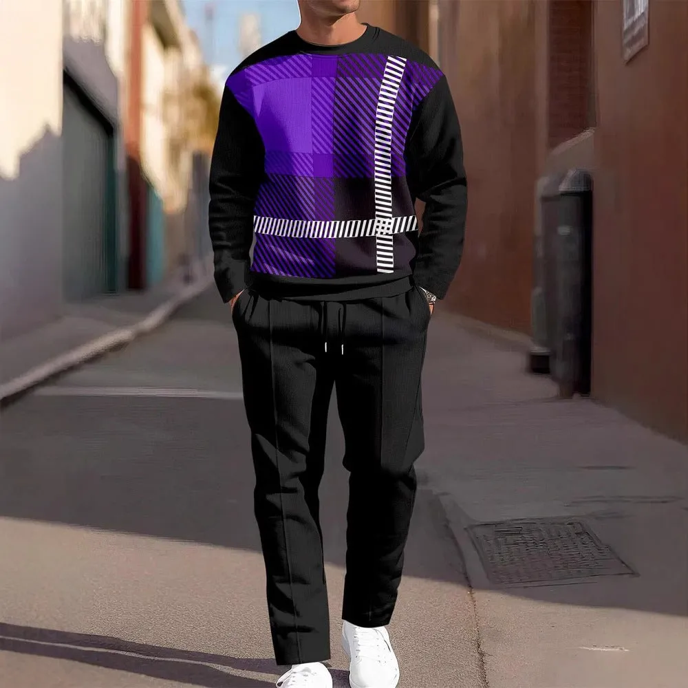 Fashion men's casual sporty round neck sweatshirt and pants two-piece set with printed letters, polyester fabric, long sleeves, street trendsetter style