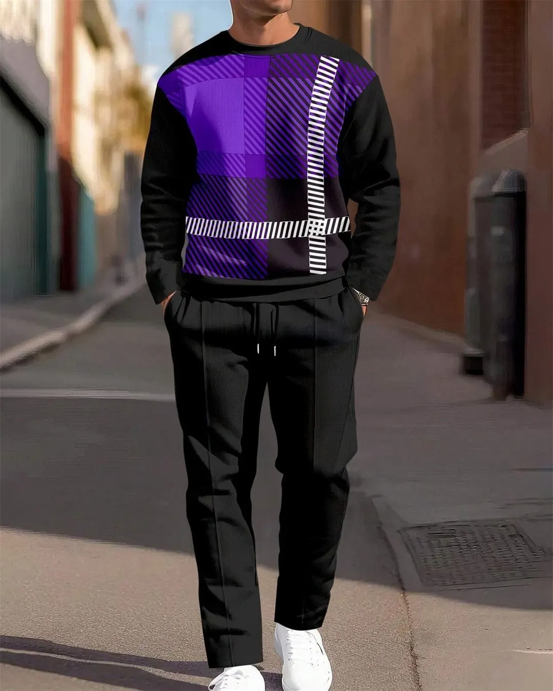Fashion men's casual sporty round neck sweatshirt and pants two-piece set with printed letters, polyester fabric, long sleeves, street trendsetter style