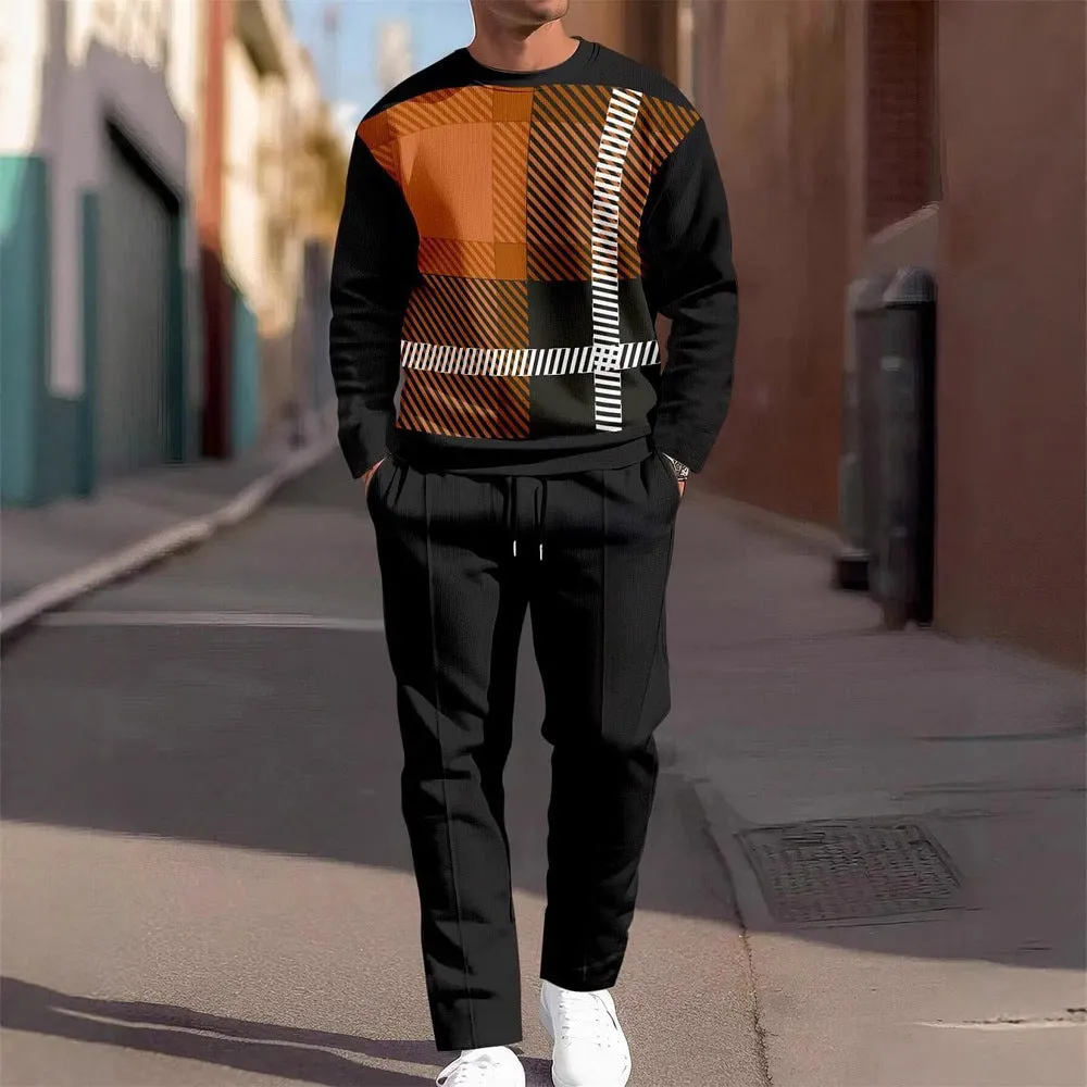 Fashion men's casual sporty round neck sweatshirt and pants two-piece set with printed letters, polyester fabric, long sleeves, street trendsetter style
