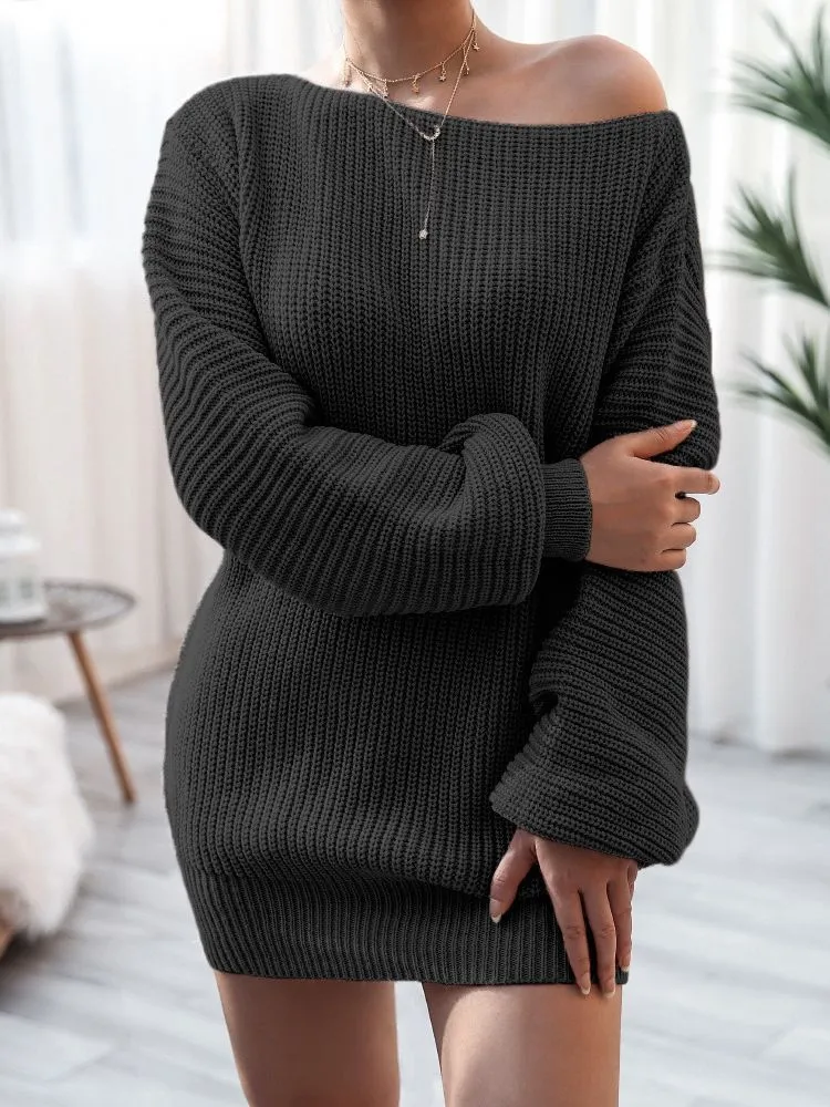 Women's off-shoulder knitted dress with lantern sleeves in solid colour options