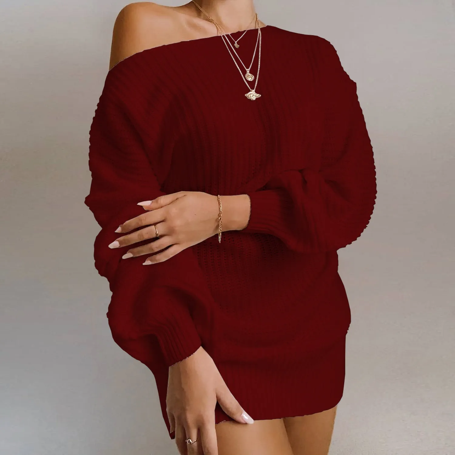 Women's off-shoulder knitted dress with lantern sleeves in solid colour options