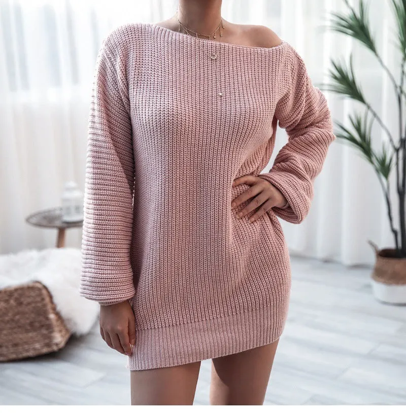 Women's off-shoulder knitted dress with lantern sleeves in solid colour options