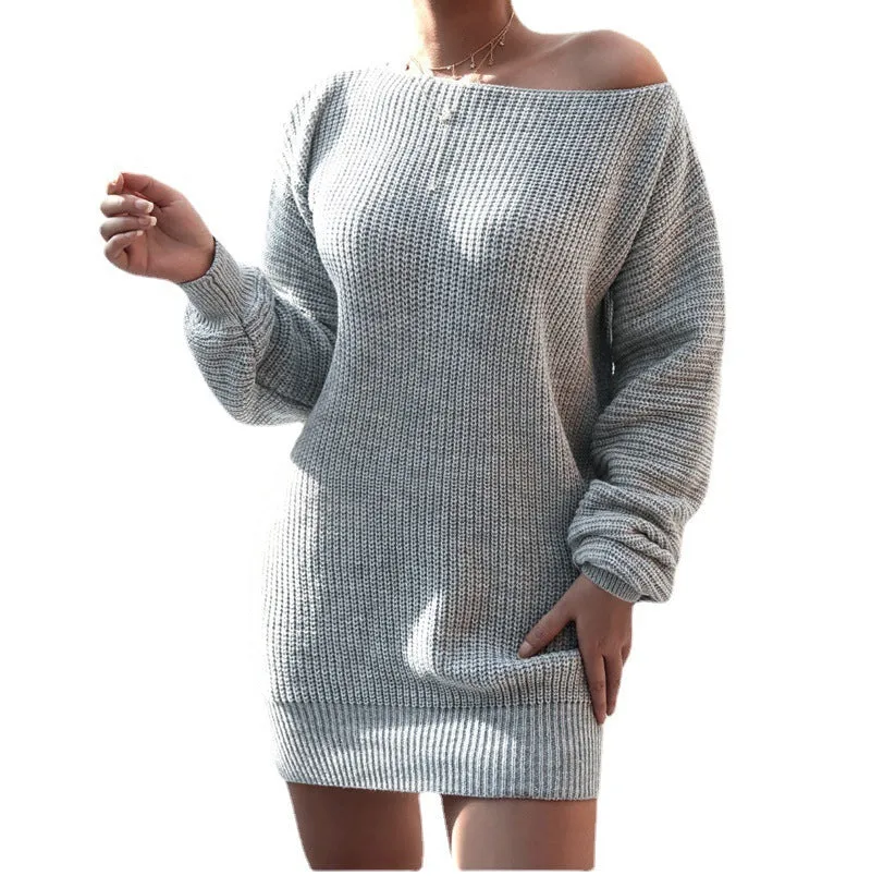 Women's off-shoulder knitted dress with lantern sleeves in solid colour options
