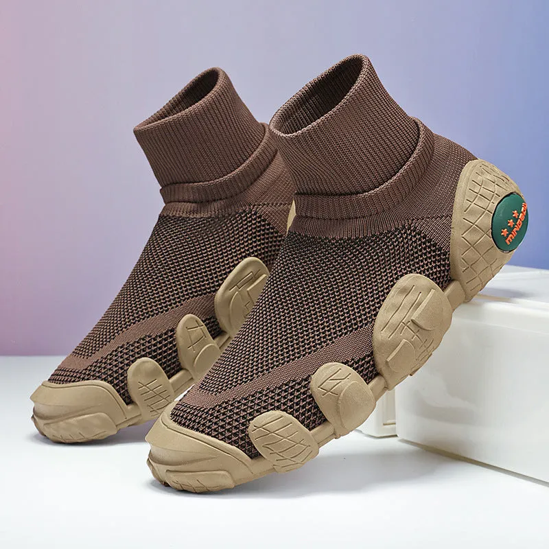 Breathable knitted mesh sneakers for men in army green, mid-top flat heel, round toe, colour blocking detail