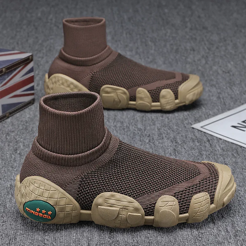 Breathable knitted mesh sneakers for men in army green, mid-top flat heel, round toe, colour blocking detail