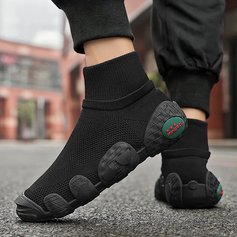 Breathable knitted mesh sneakers for men in army green, mid-top flat heel, round toe, colour blocking detail