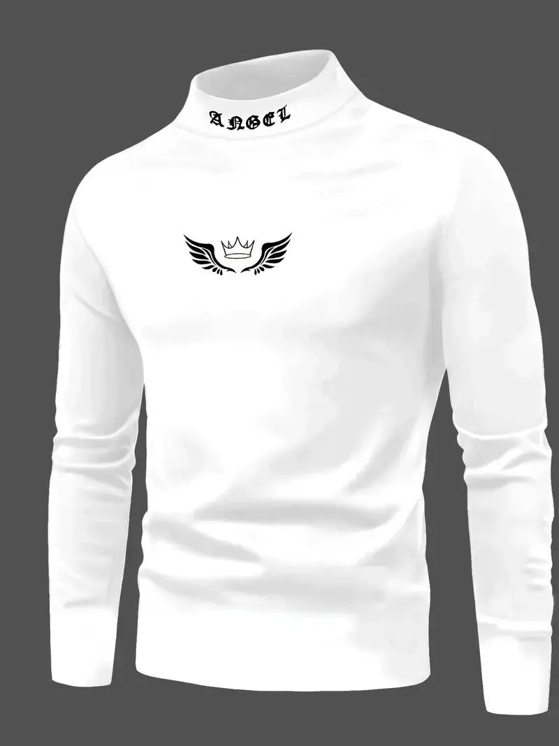 White women's crown print high neck long sleeve slim fit pullover top on casual background