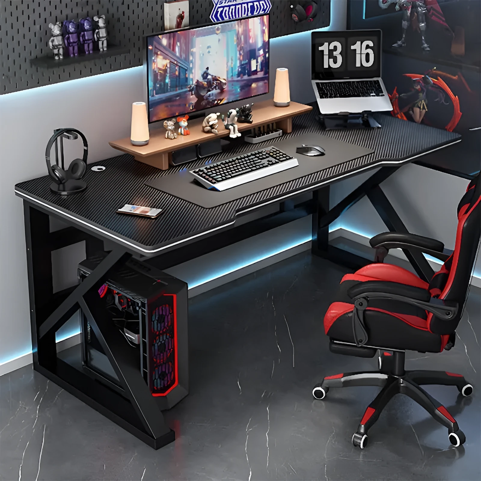 Black carbon fibre computer desk with black frame, single table in 100x60 cm size