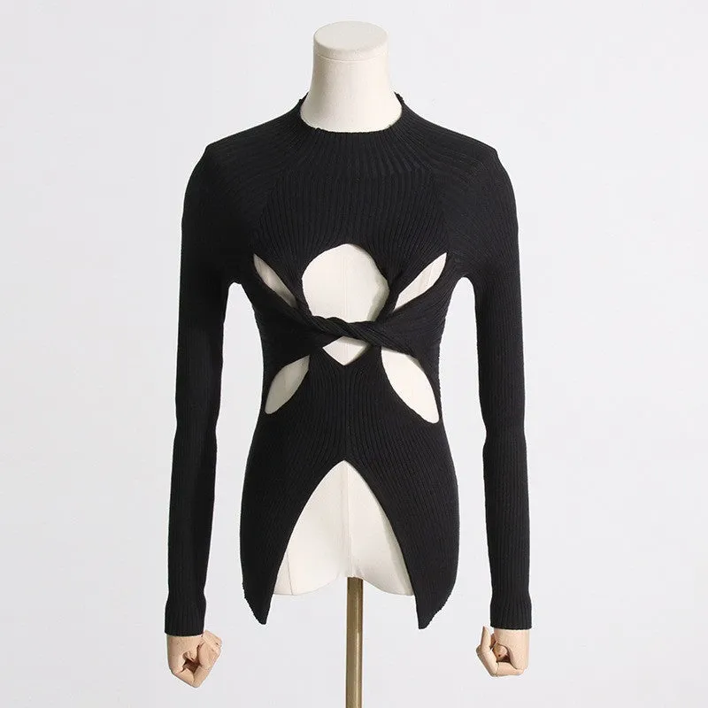 Women's slim fit twist knit pullover semi-high neck polyester top in gray, black, khaki, white