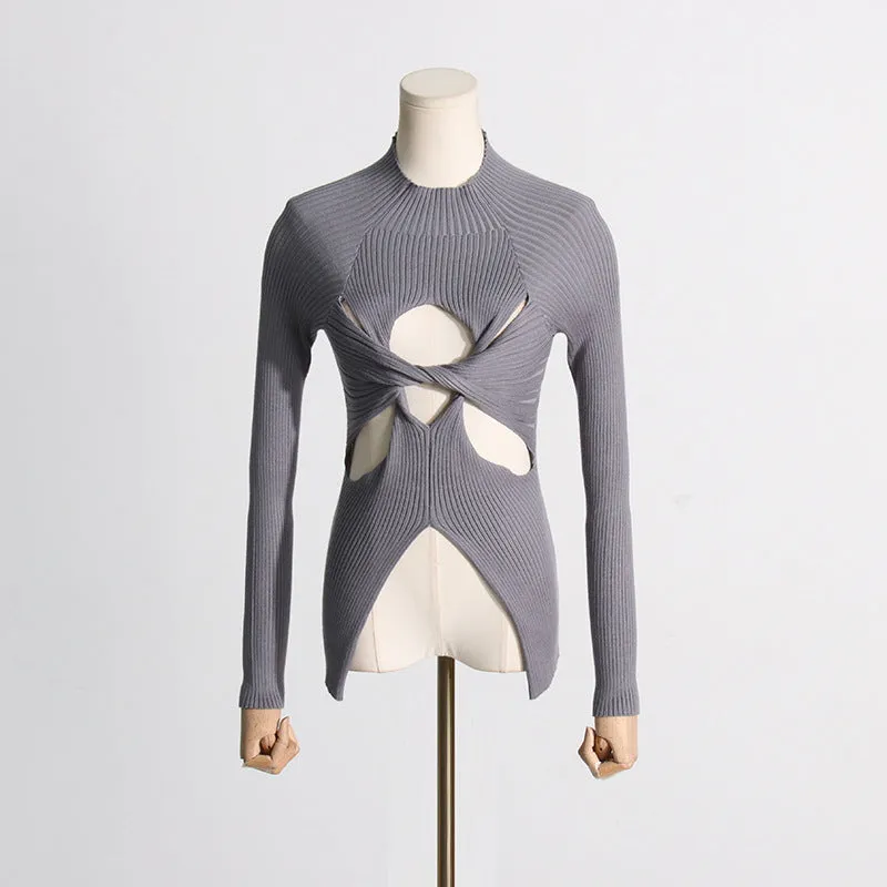 Women's slim fit twist knit pullover semi-high neck polyester top in gray, black, khaki, white