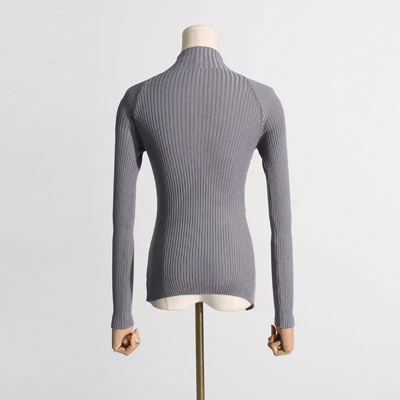 Women's slim fit twist knit pullover semi-high neck polyester top in gray, black, khaki, white
