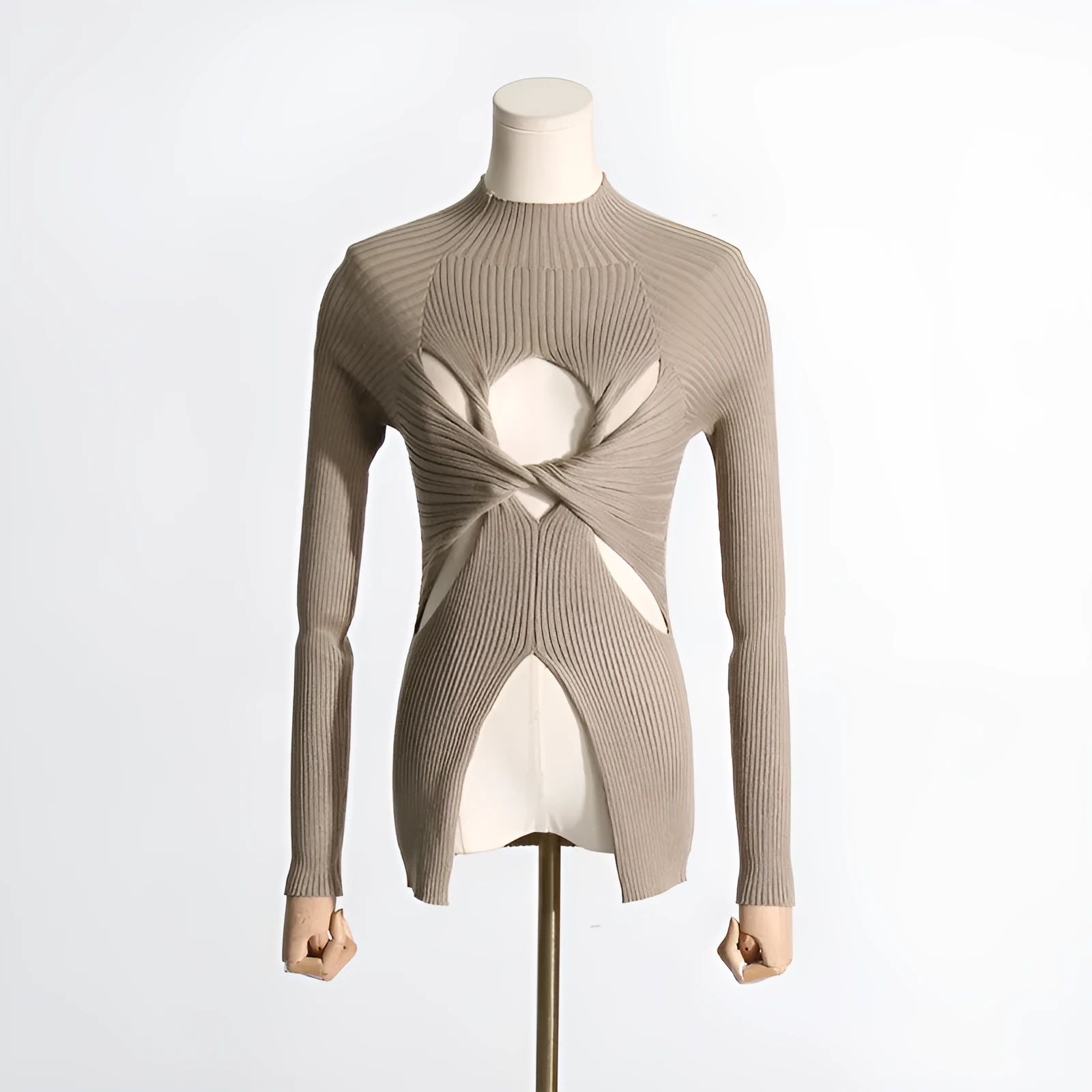 Women's slim fit twist knit pullover semi-high neck polyester top in gray, black, khaki, white