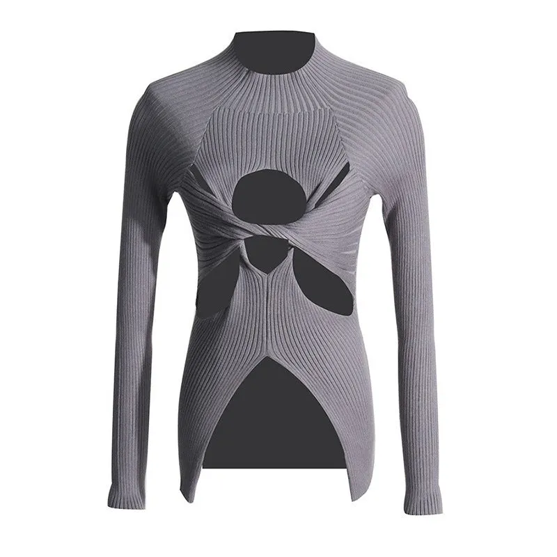 Women's slim fit twist knit pullover semi-high neck polyester top in gray, black, khaki, white