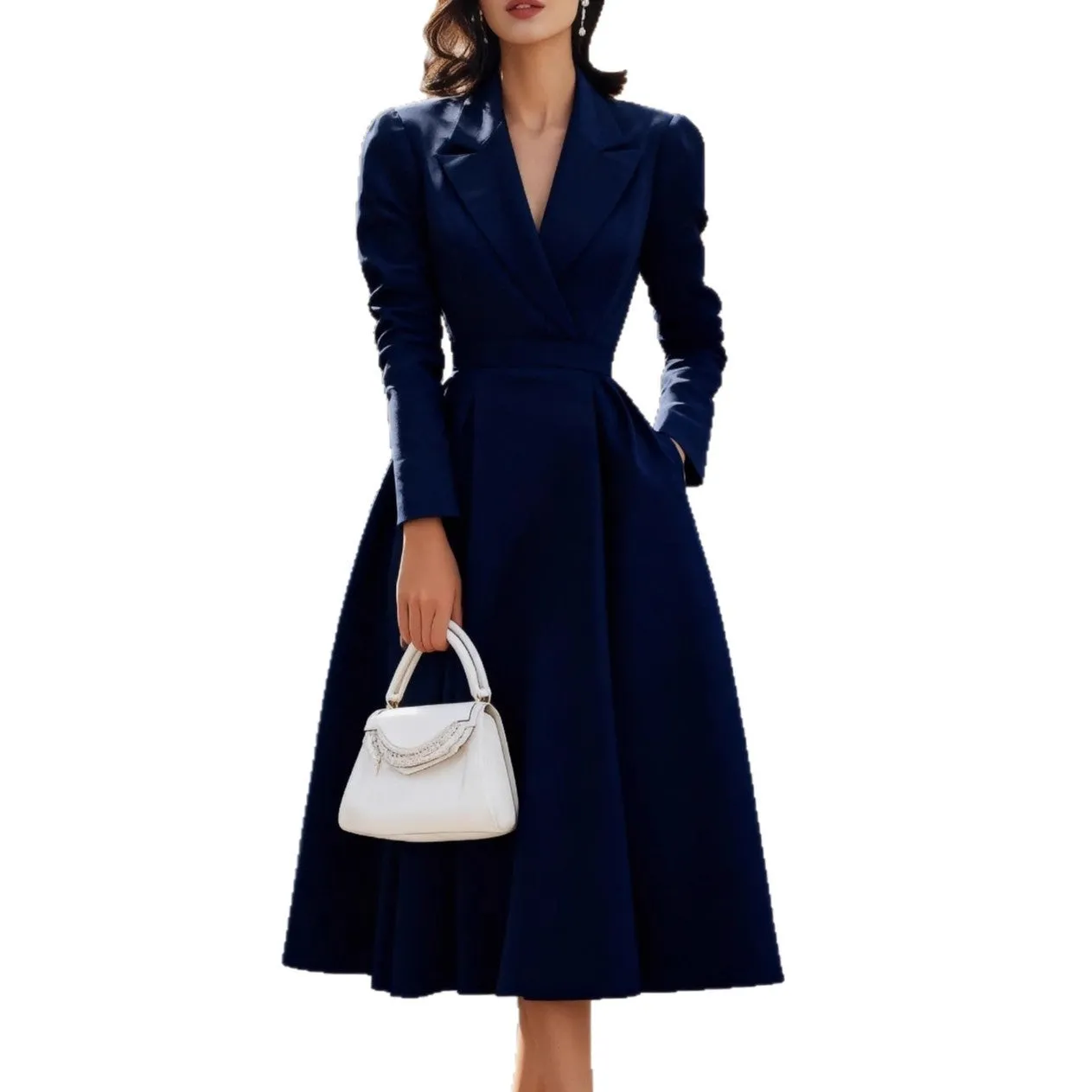 Women's high waist flared long sleeve dress in solid black polyester with waist-tucking design, front view.