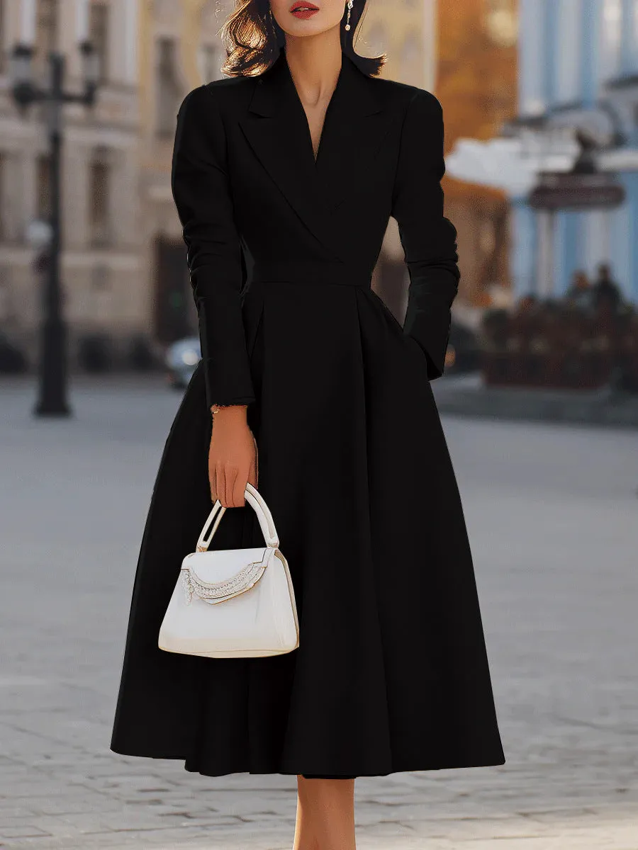 Women's high waist flared long sleeve dress in solid black polyester with waist-tucking design, front view.