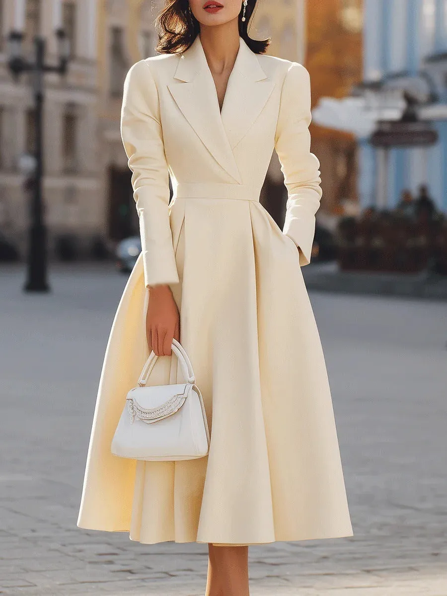 Women's high waist flared long sleeve dress in solid black polyester with waist-tucking design, front view.