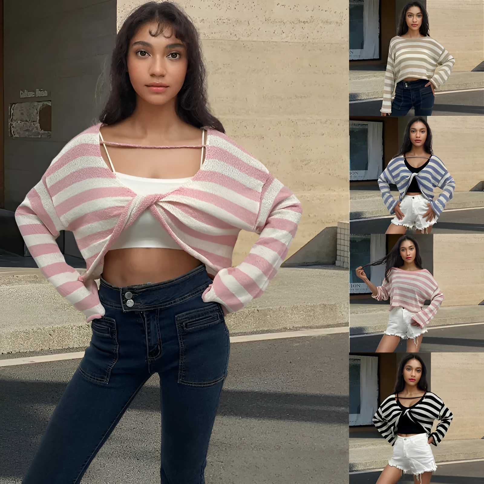 A woman wearing a cropped black and white striped long-sleeved sweater with a front and back exposed-navel design.