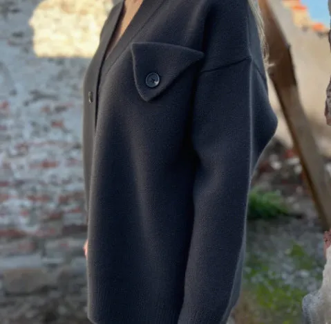 Fashion long sleeve knitted cardigan coat with crochet detailing in dark gray, loose fit polyester winter top