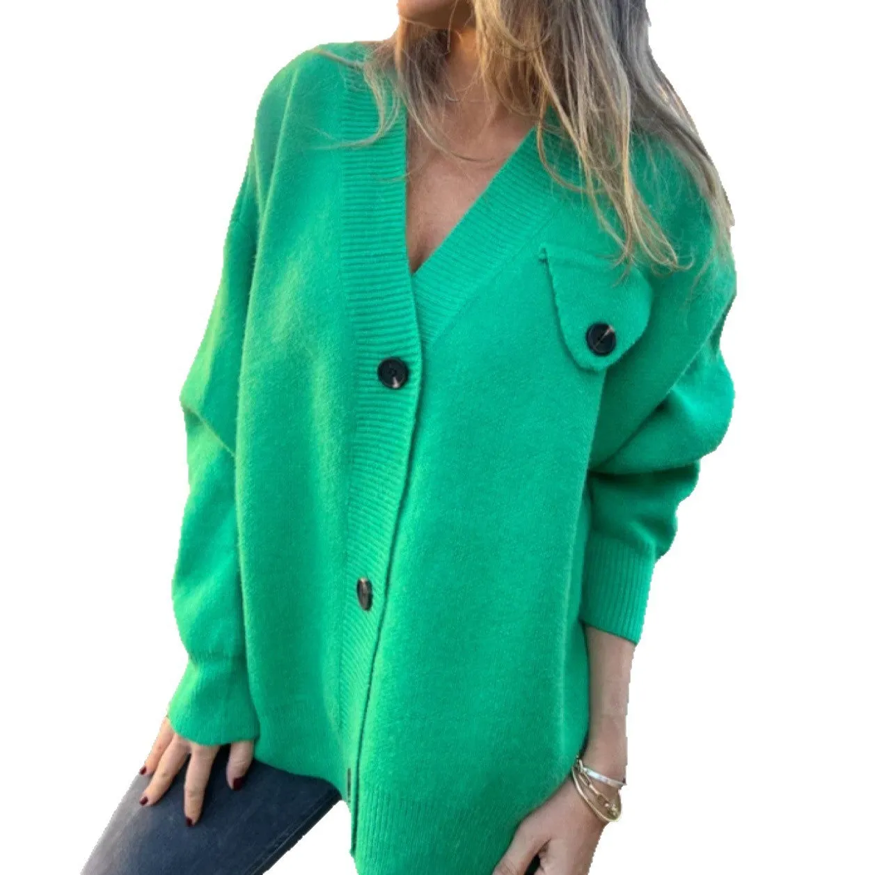Fashion long sleeve knitted cardigan coat with crochet detailing in dark gray, loose fit polyester winter top