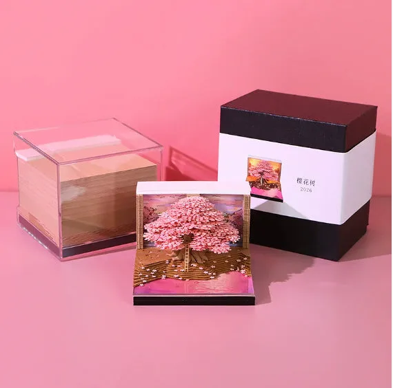 2026 desk calendar with 3D Cherry Tree paper sculpture on a desk, 8.5 x 8.5 x 6.4 cm