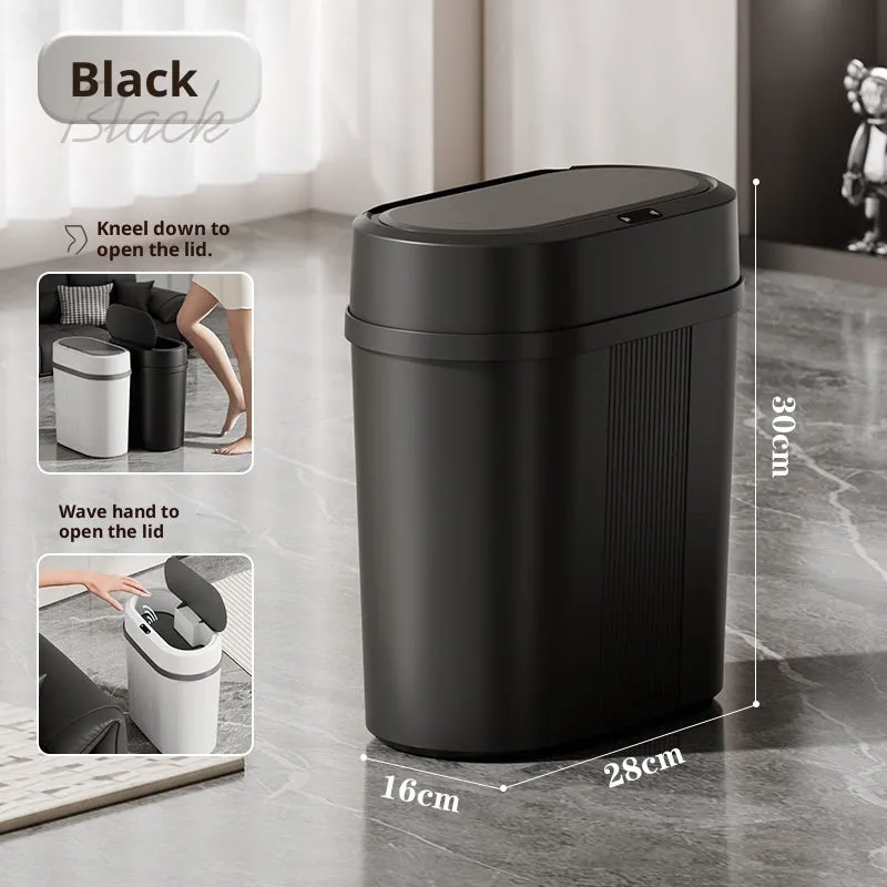 Square PP smart trash can with sealed waterproof lid, black battery type, on kitchen floor