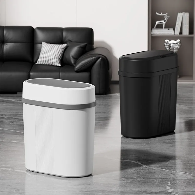 Square PP smart trash can with sealed waterproof lid, black battery type, on kitchen floor