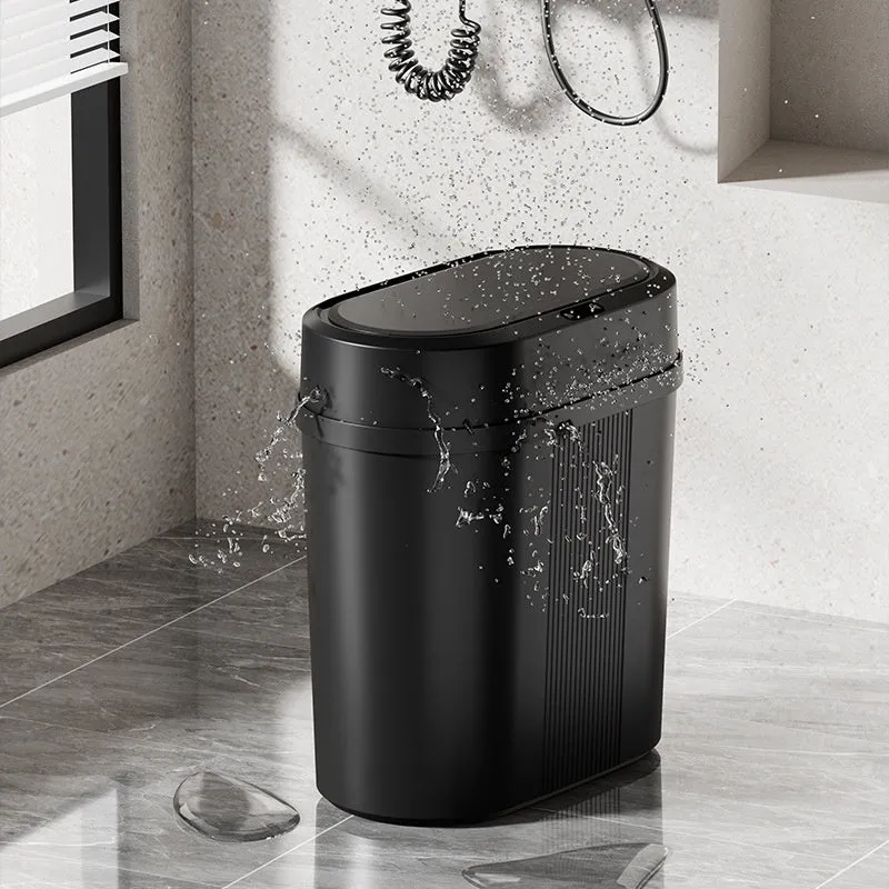 Square PP smart trash can with sealed waterproof lid, black battery type, on kitchen floor