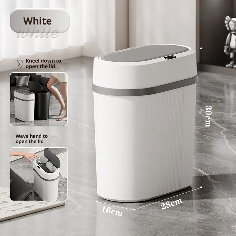 Square PP smart trash can with sealed waterproof lid, black battery type, on kitchen floor